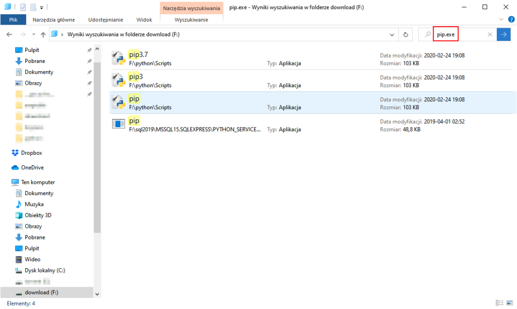 znajdź  plik pip.exe w eksploratorze plików