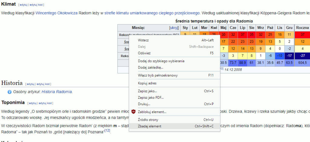 Menu podręczne, opcja zbadaj element