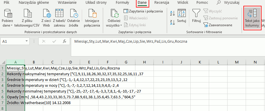Excel tekst jako kolumny