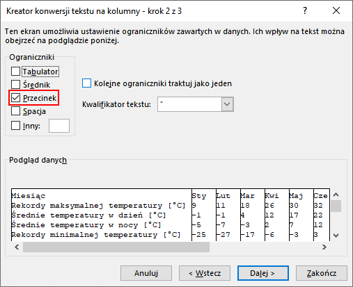 Excel Ograniczniki Przecinek