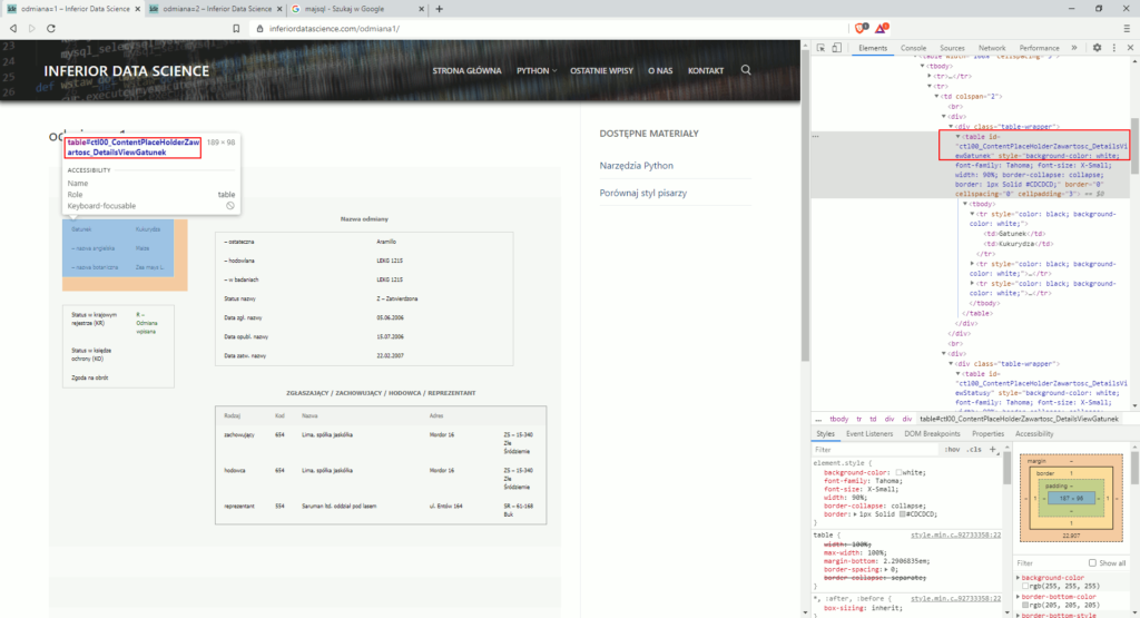 wyświetlanie id tabel HTML